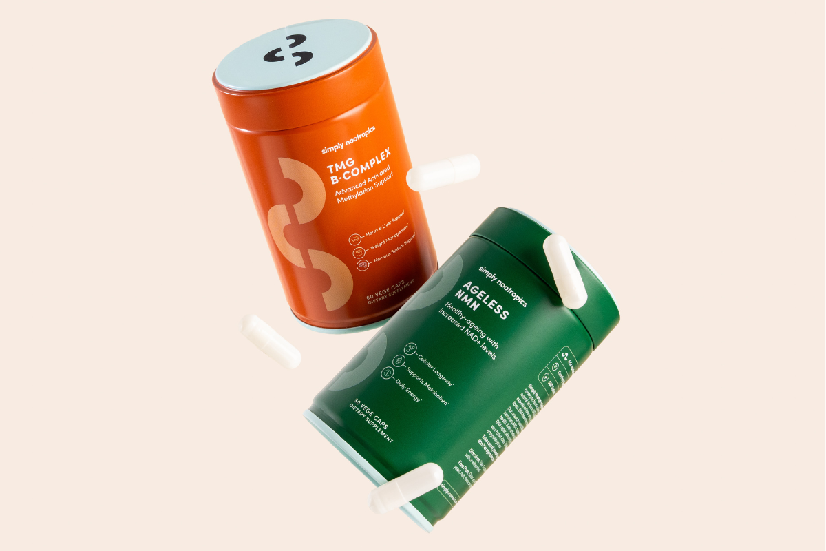 Ageless NMN and TMG B-Complex supplements with capsules.