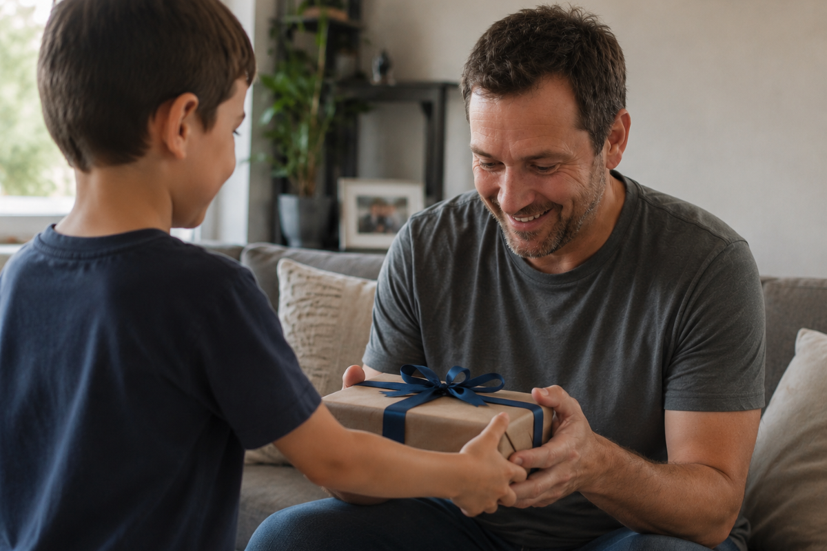 Father smiling as he receives a wrapped gift from his son.