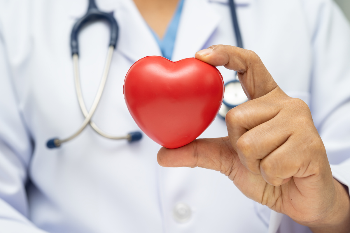 Doctor holding a red heart symbol.