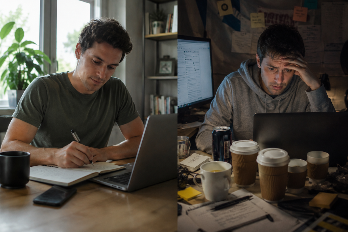 Side-by-side comparison of calm focus versus caffeine-fuelled overstimulation.