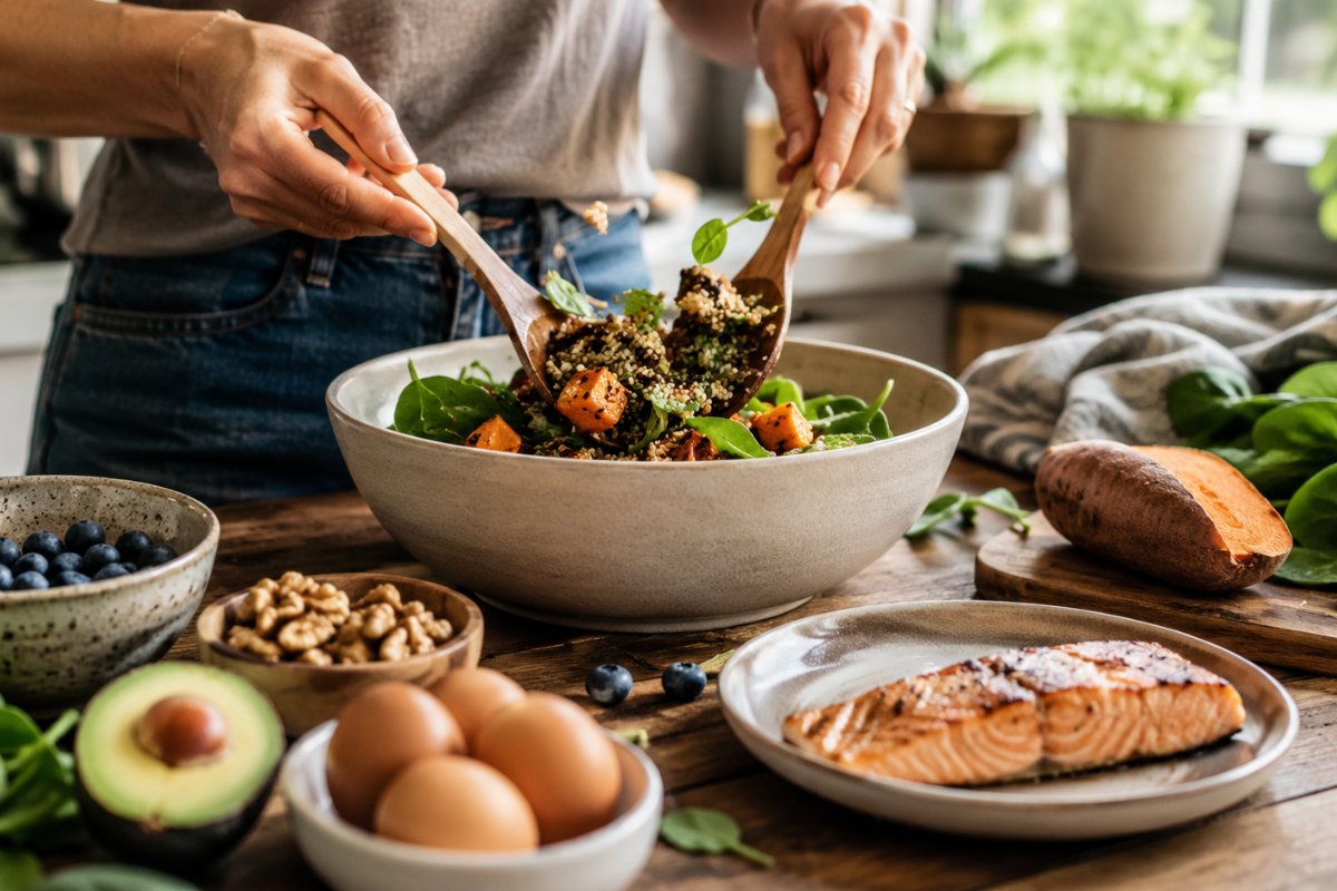 Person tossing a quinoa and spinach salad with whole foods in a sunlit kitchen.
