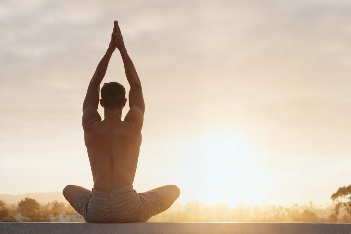 Person sitting cross-legged outdoors, arms raised in a calm yoga pose.