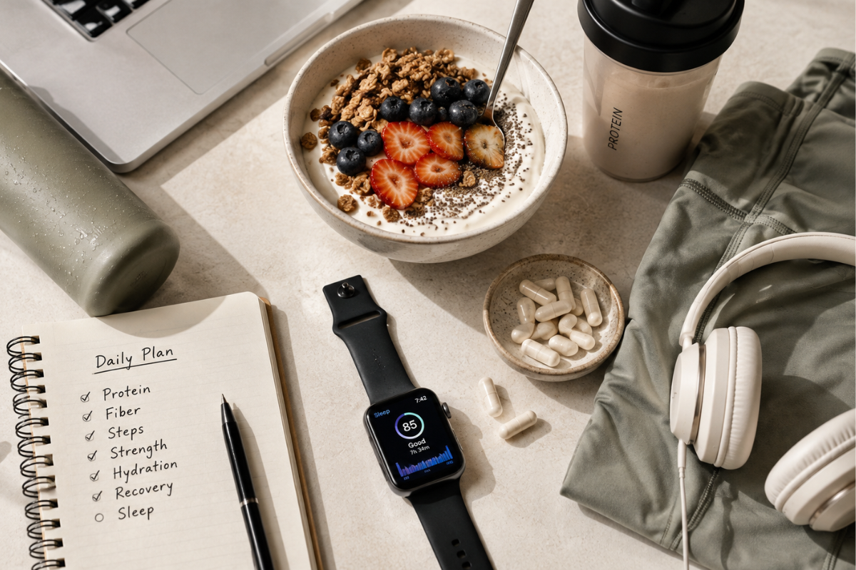 Flat lay of wellness essentials including healthy food, fitness gear, and a sleep tracker.