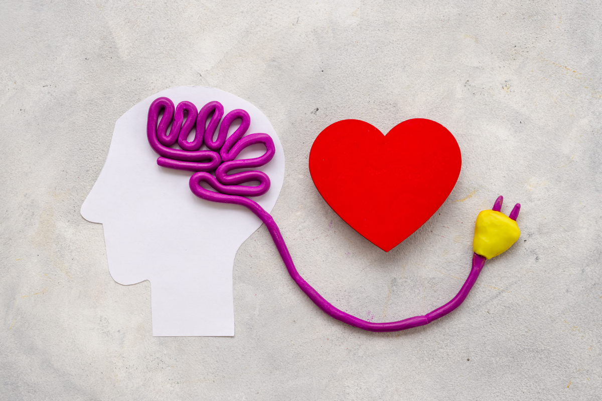Illustration of a brain connected by a cord to a red heart.