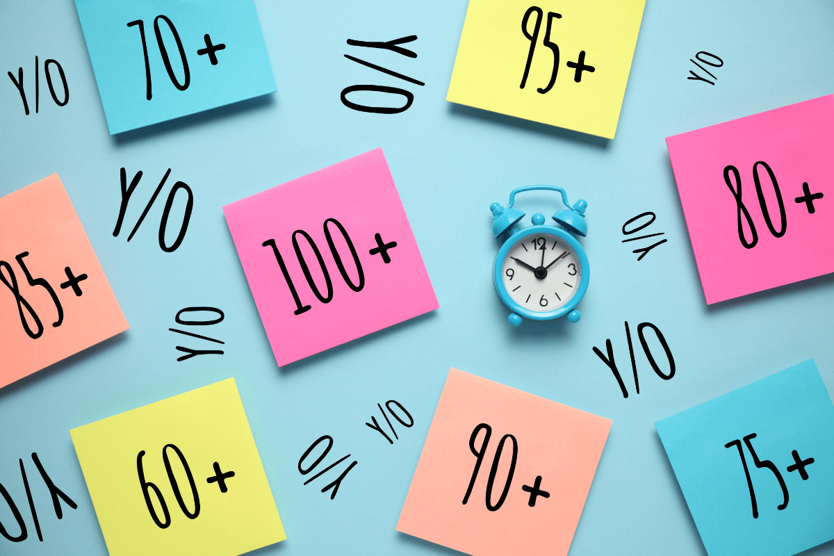 Sticky notes with ages around a small clock, symbolising longevity and ageing.