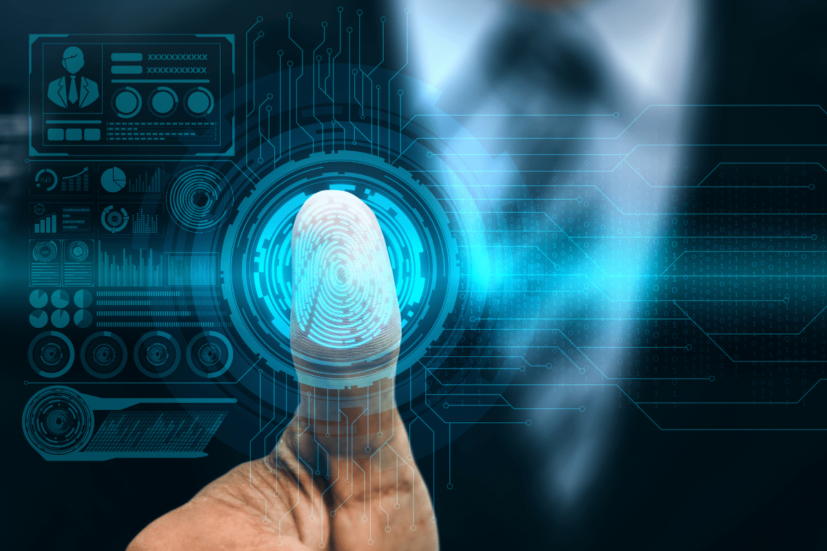 Digital fingerprint scanning with futuristic holographic interface.