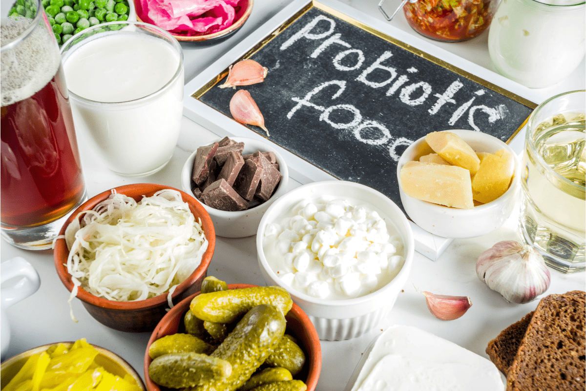 Variety of probiotic-rich foods.