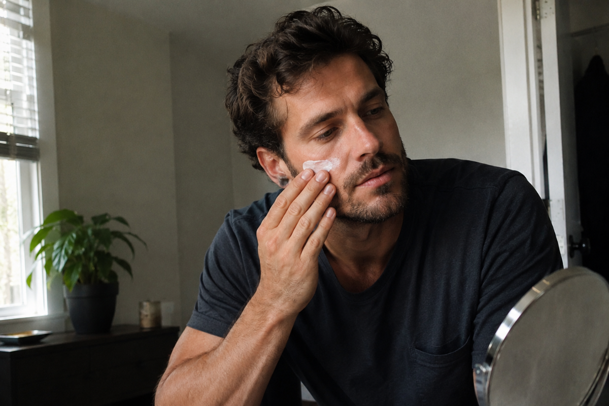 Man applying skincare cream in a modern bathroom at home.