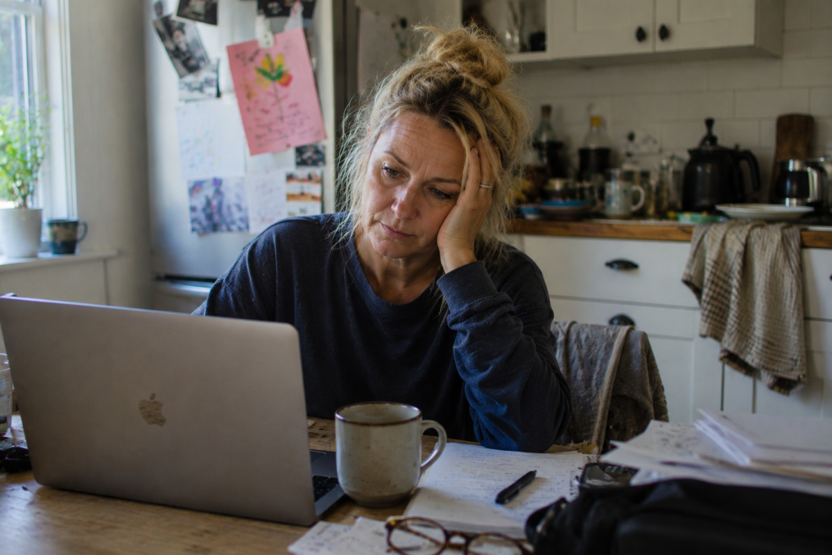 Tired middle-aged woman working on a laptop at her kitchen table.