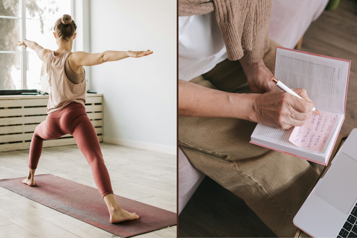 Person stretching indoors beside a notebook with handwritten notes and a laptop.