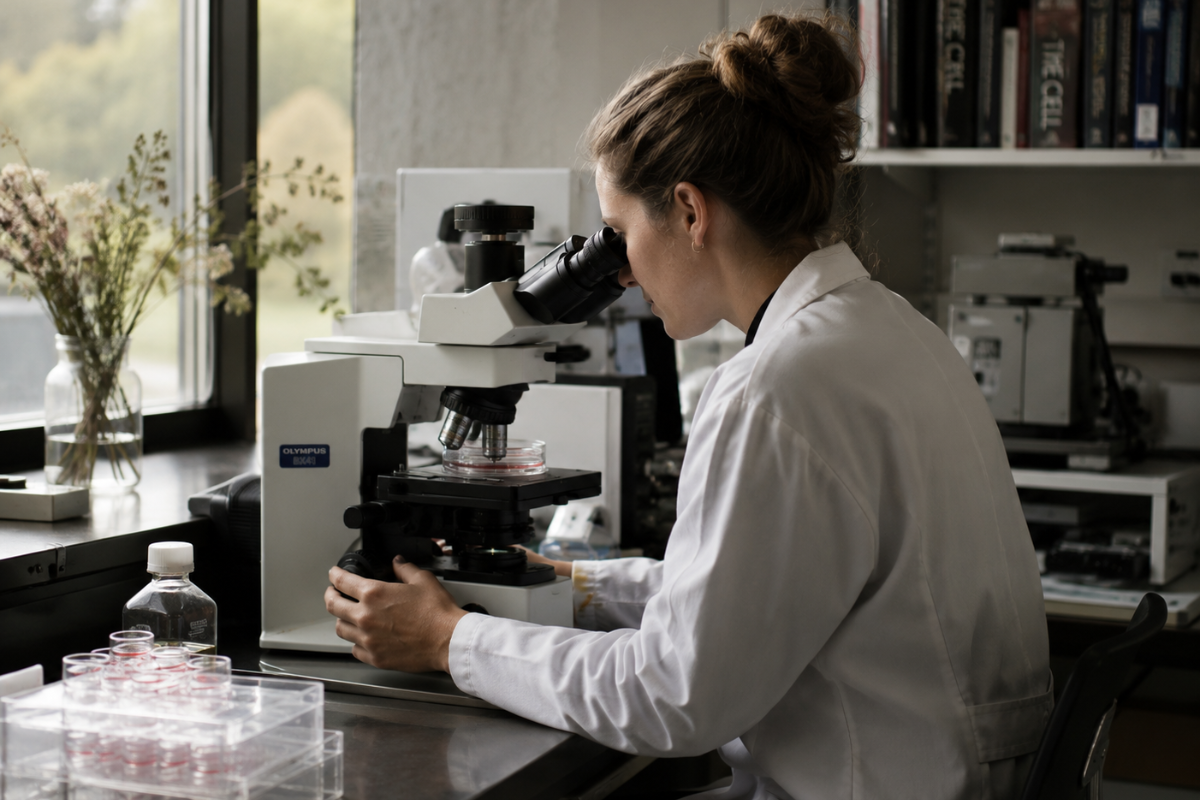 Scientist examining cultured cells under a microscope in a naturally lit laboratory.