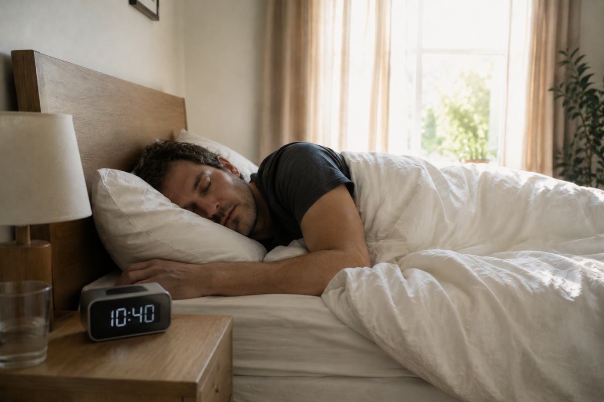 Man sleeping late on a bright weekend morning.
