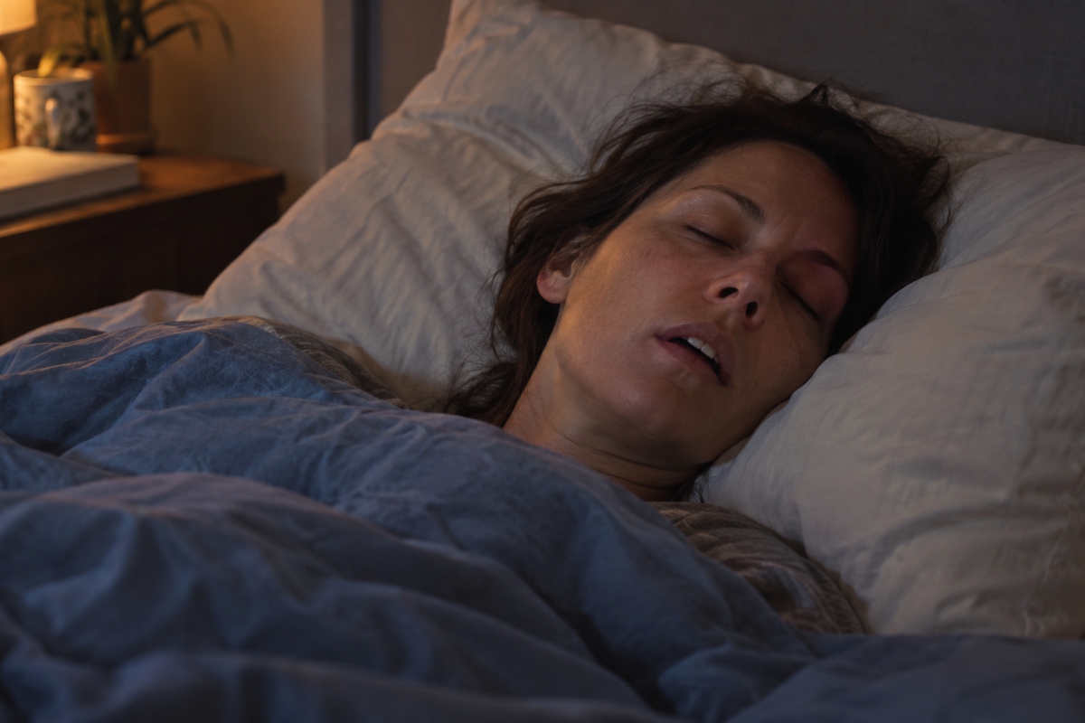 Woman sleeping on her back with her mouth slightly open.