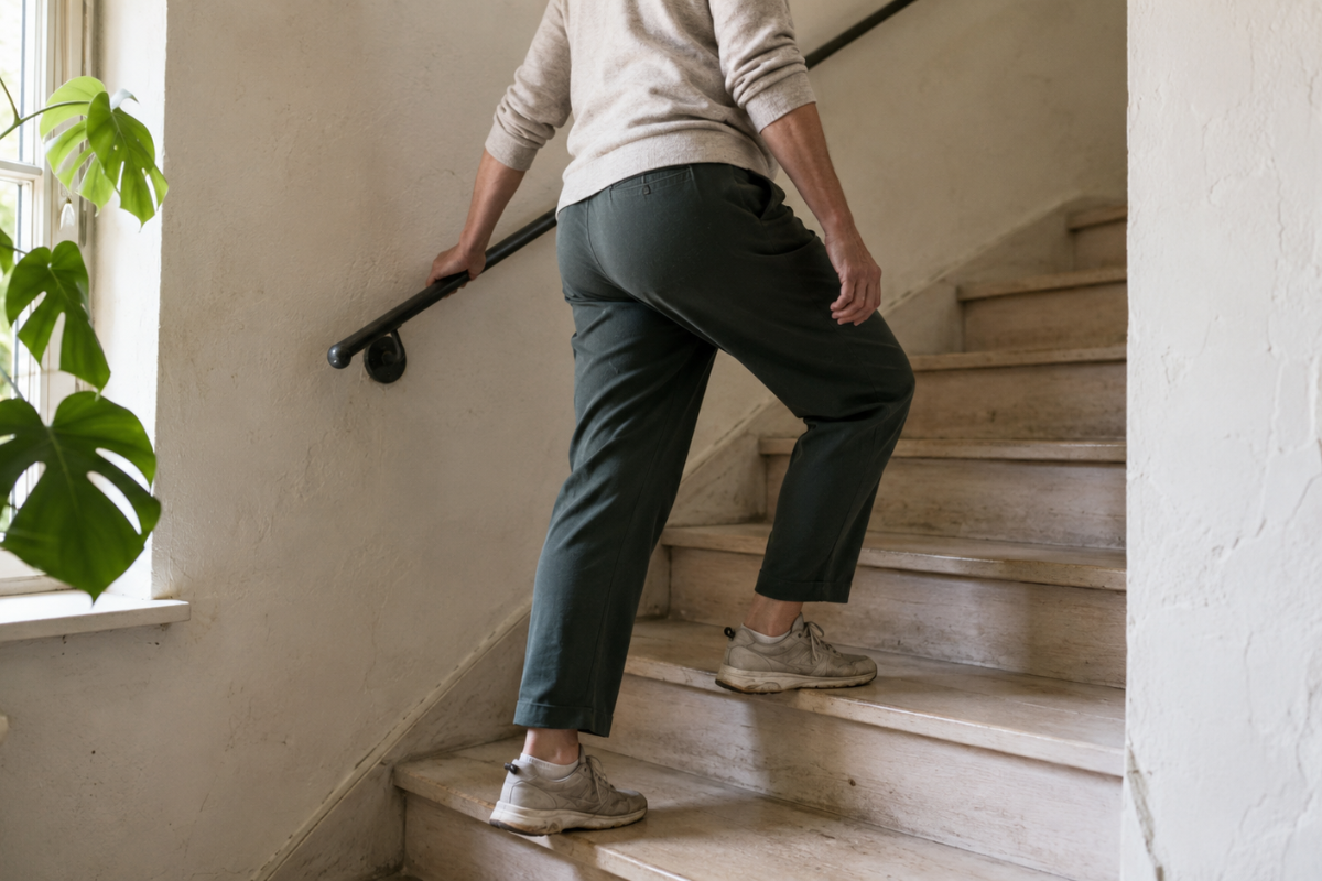 Woman climbing stairs at home.