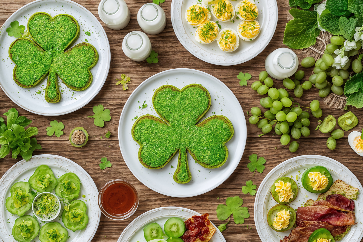 St. Patrick’s Day table with shamrock-shaped green toast and fresh herbs arranged on plates.