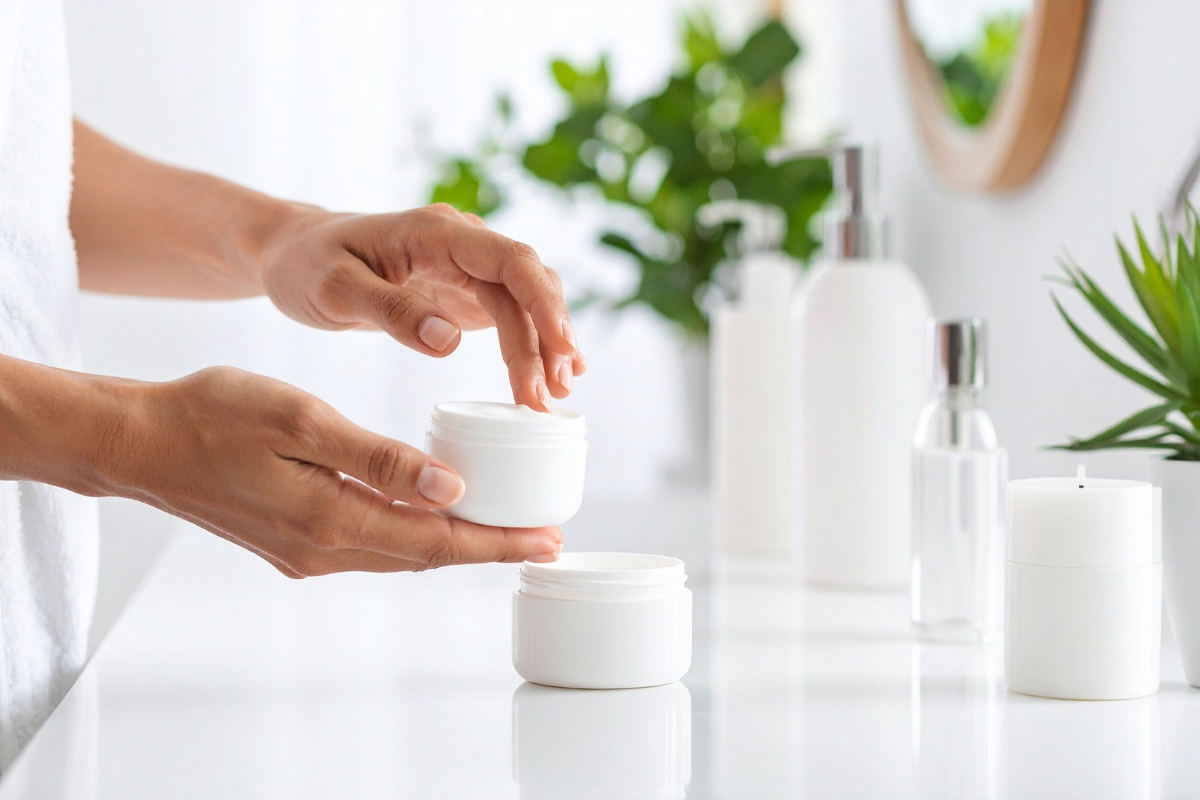 Hands applying cream from a skincare jar.