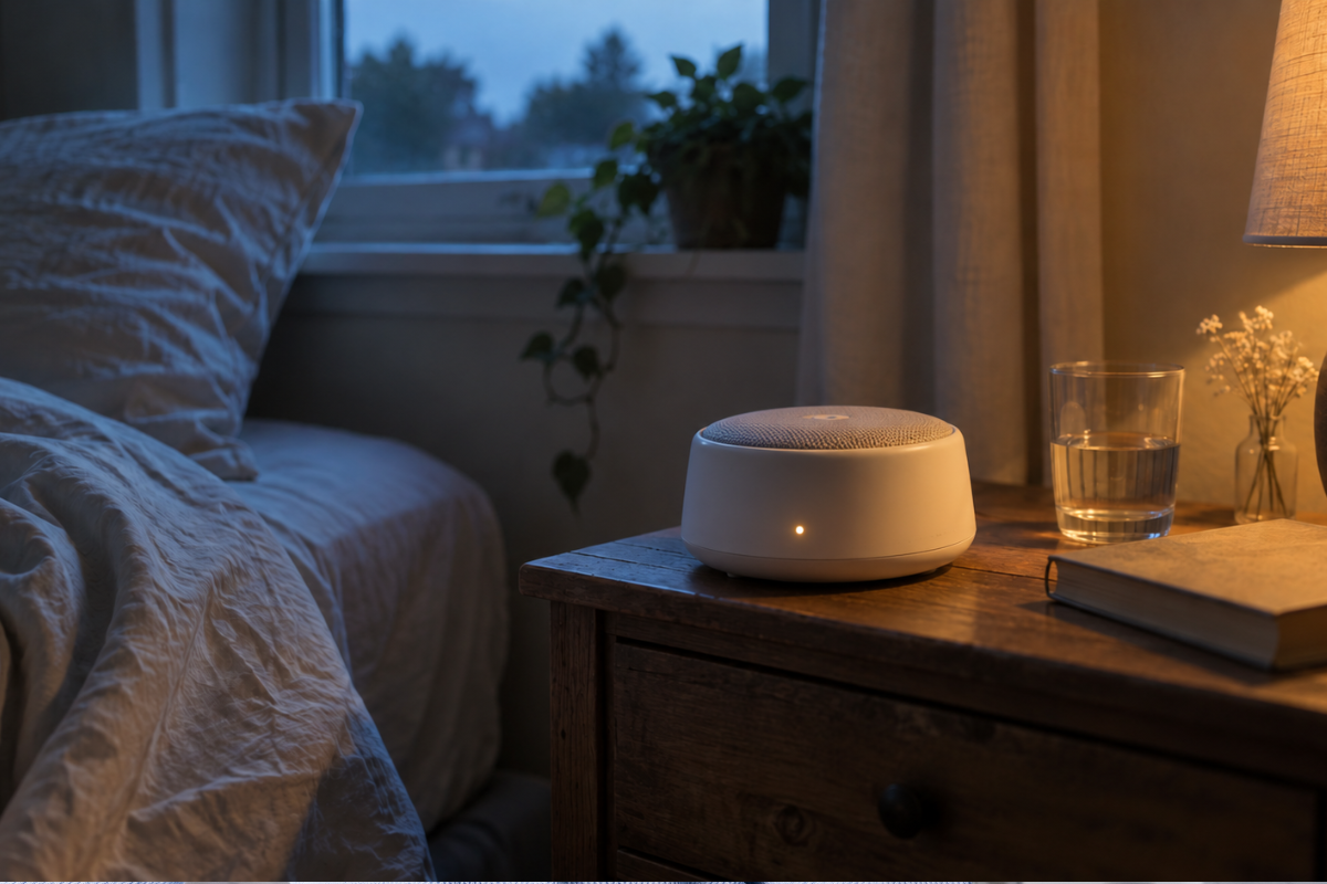 White noise machine glowing softly beside a rumpled bed.