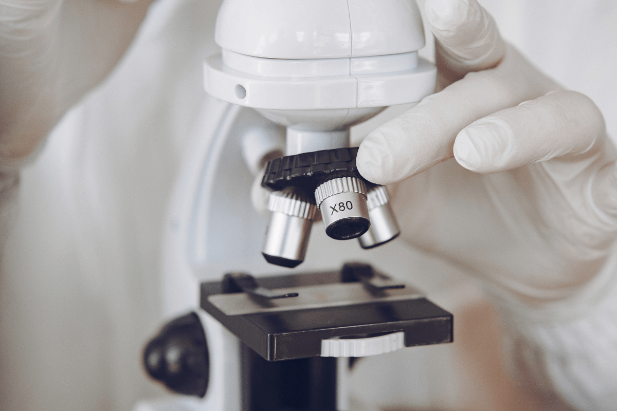 Gloved hands adjusting a microscope for scientific research.