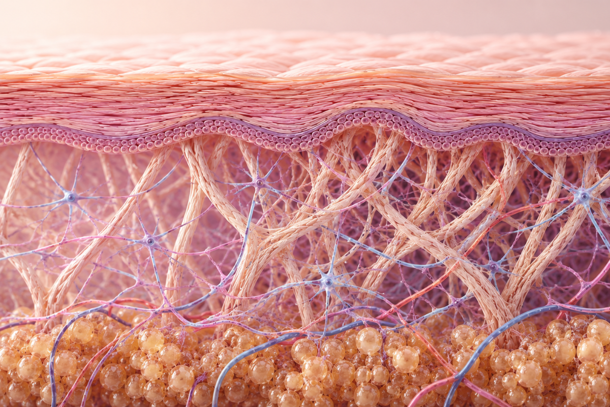 Cross-section illustration of skin showing collagen fibres beneath the surface.